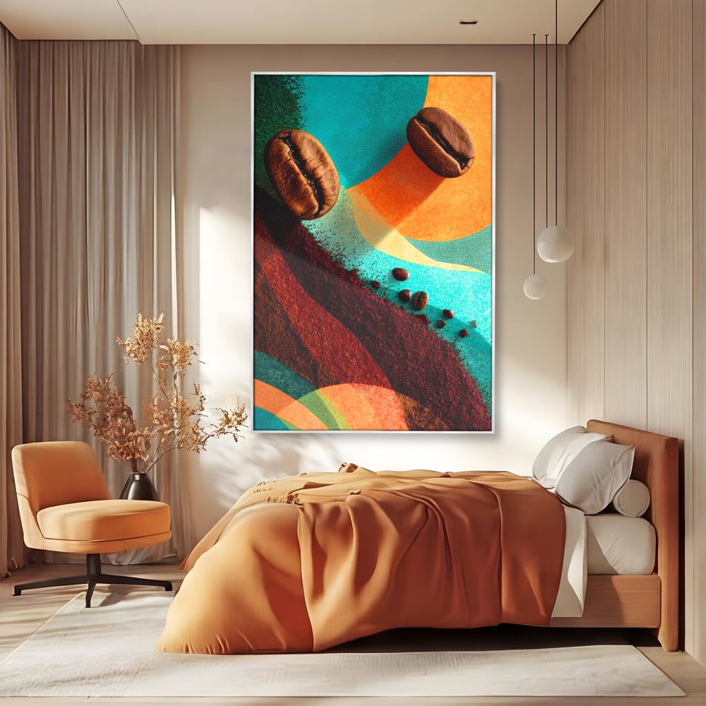 Tablou canvas cu tablou abstract cu boabe de cafea, in rama de aluminiu argintiu, pe perete intr-un dormitor
